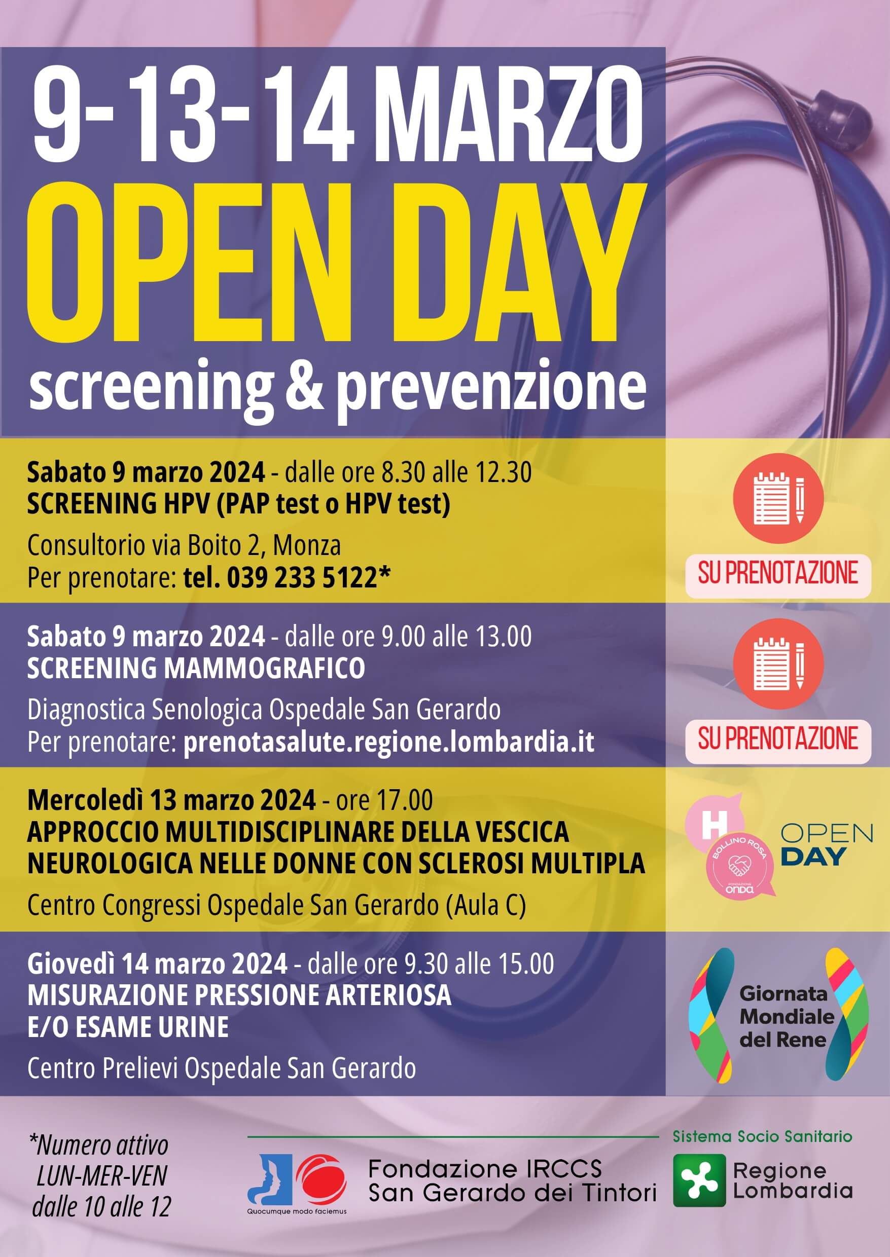  Open day screening e prevenzione 9, 13, 14 marzo 