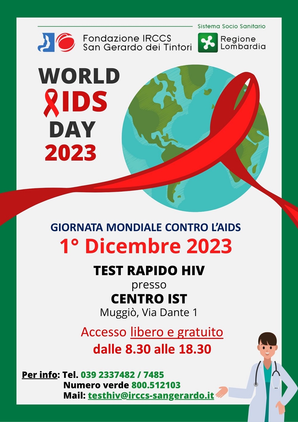  Giornata mondiale contro l’AIDS, il 1° dicembre open day al Centro IST di Muggiò 
