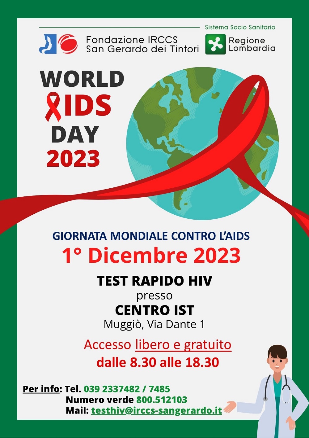 Giornata mondiale contro l’AIDS, il 1° dicembre open day al Centro IST di Muggiò