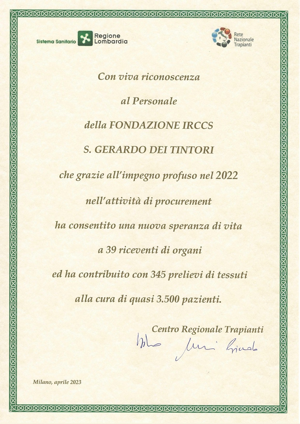 Donazione di organi al San Gerardo: nel 2022 nuova speranza di vita per 39 persone